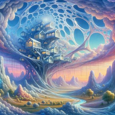 The primary subject of the image is a large tree with many houses built into it. The tree is situated in a lush green forest, and the houses are connected to it, creating a unique and whimsical scene. The visual style of the image is a digital art or illustration, with a vibrant and colorful atmosphere. The dominant colors include shades of green, blue, and pink, giving the scene a sense of wonder and fantasy.